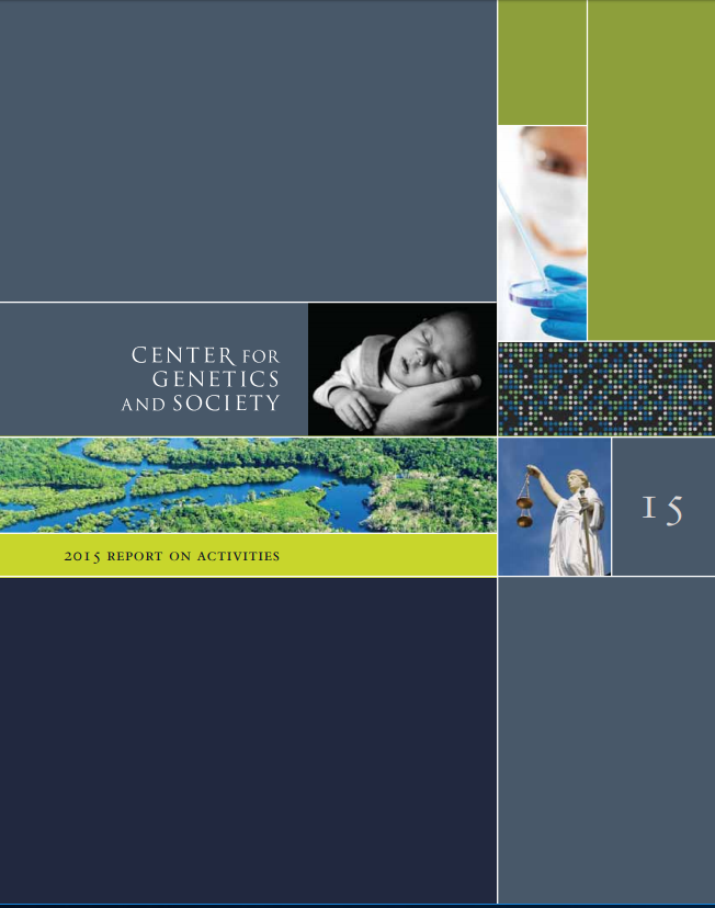 2015 Annual Report cover,featuring a grayscale photo of a baby resting, a landscape photo of greenery, a scientist with protective gear looking at a specimen, and Lady Justice.