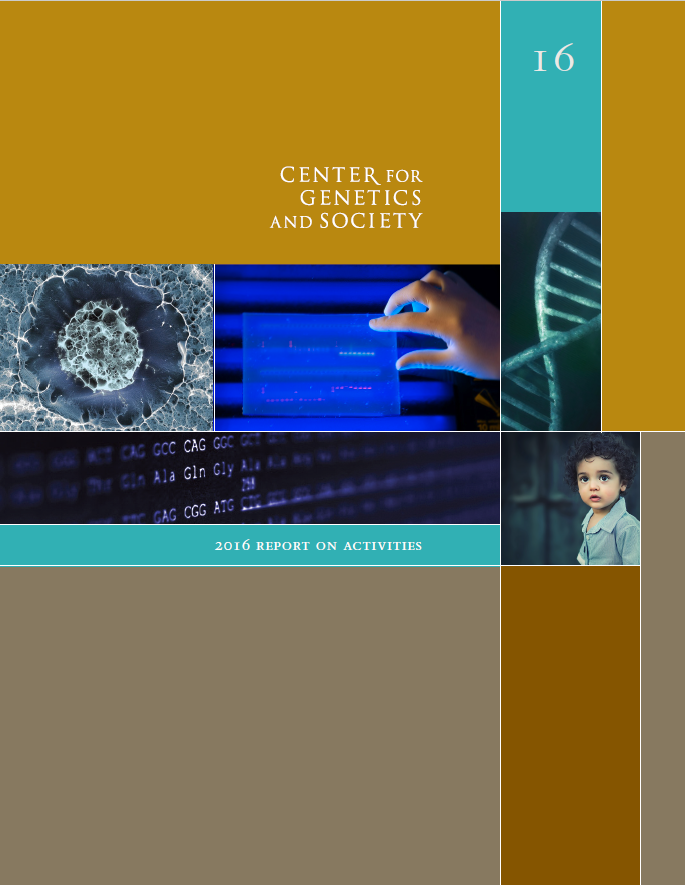Cover of the 2016 report, featuring DNA strand, genomic profile, and a child.